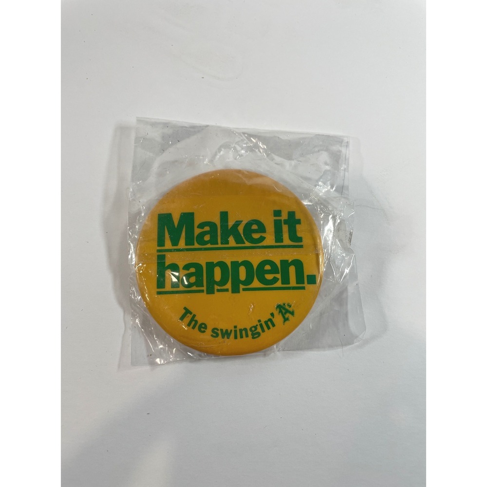 Vintage 70s Oakland Athletics The Swingin A's Make It Happen Pinback Button 3 in